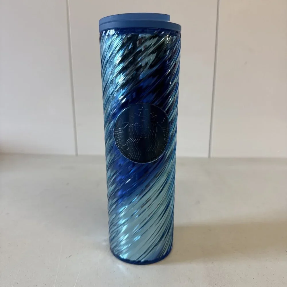 Starbucks Blue Icicle Ribbon Swirl Mermaid Tumbler Travel‎ Mug Cup 16 oz EUC